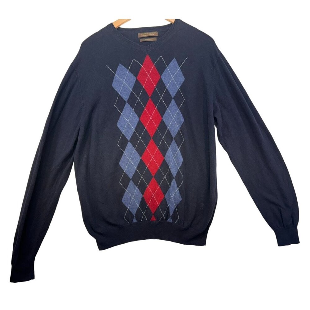 Sebastian Cooper Mens Argyle Sweater Modern Fit Navy Cotton Cashmere Blend